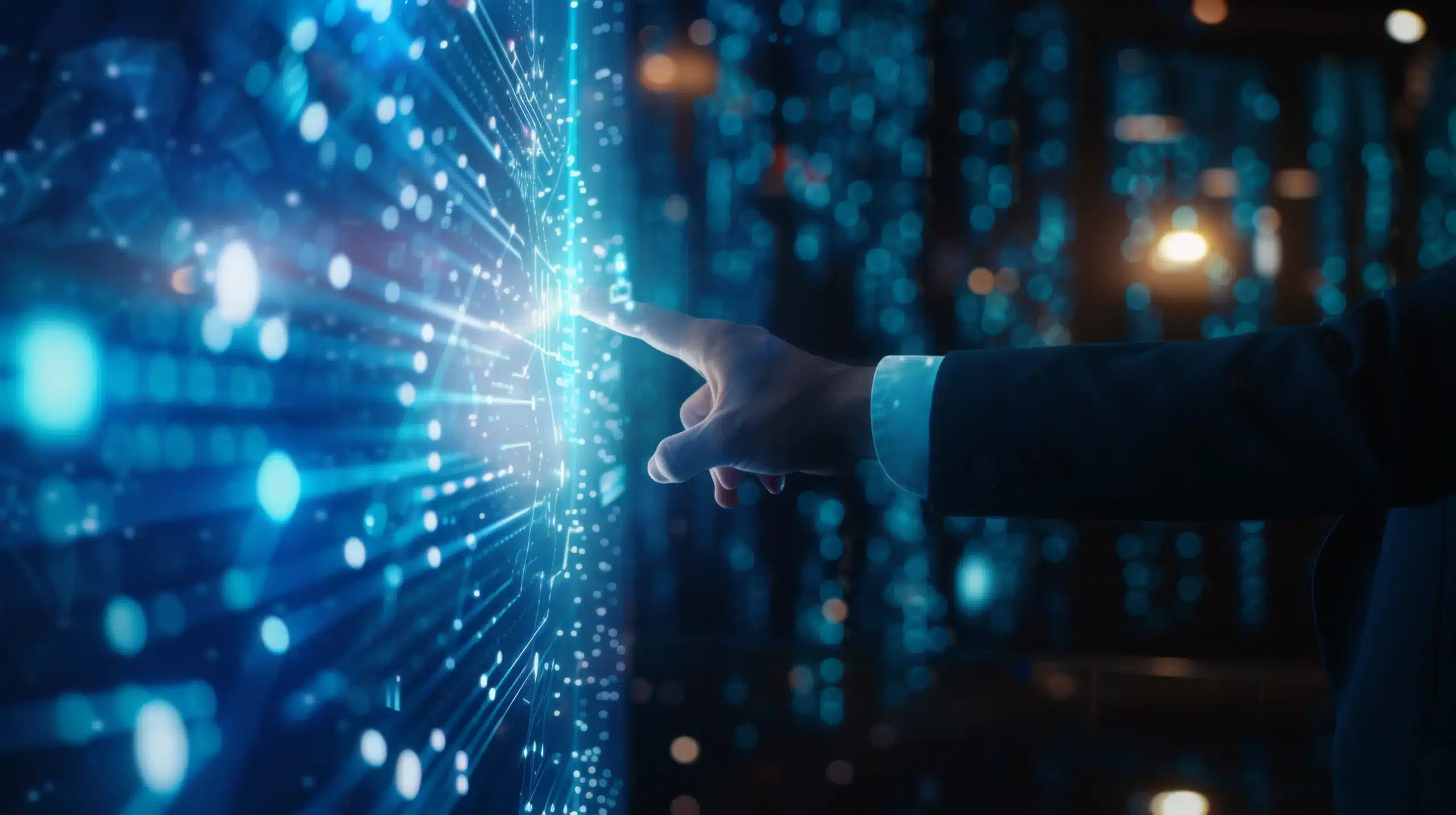 A person in a suit touches a glowing, futuristic digital interface filled with blue lights and data streams, suggesting advanced technology or virtual interaction.