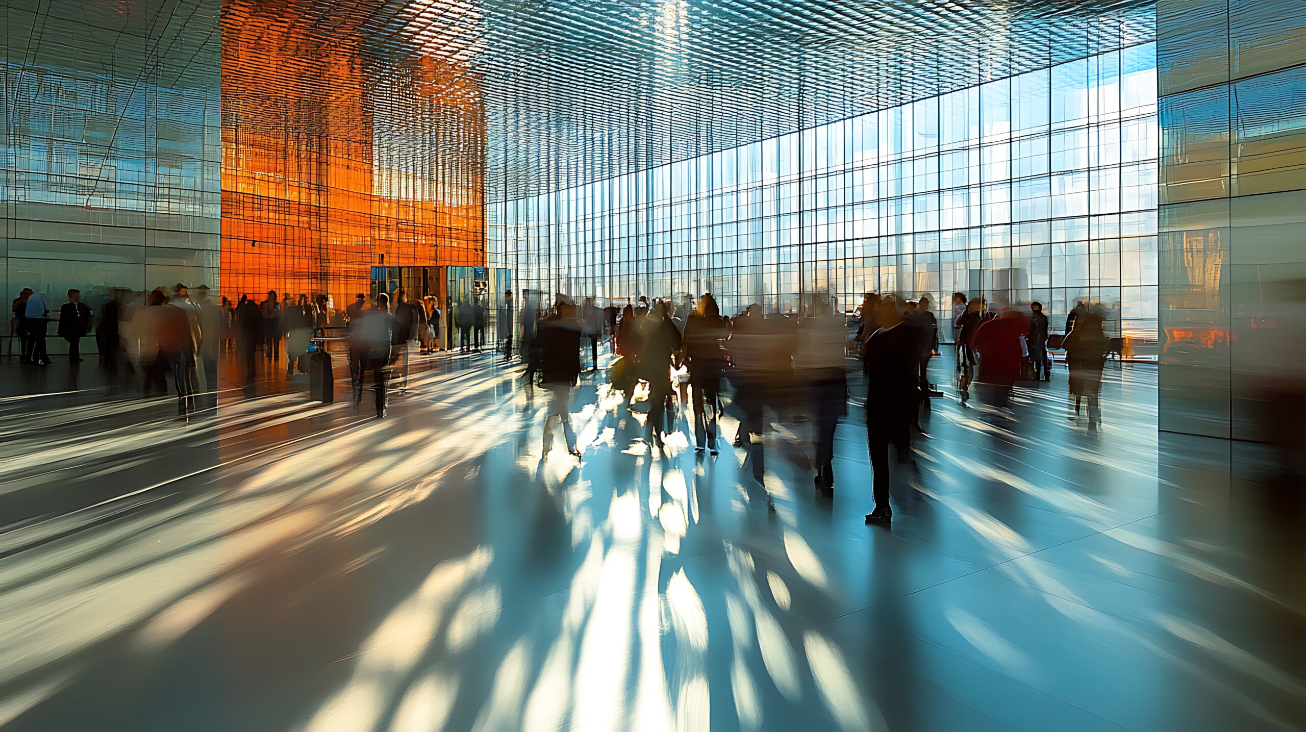 A large group of people walks through a spacious, modern glass atrium filled with sunlight, creating long shadows and reflections on the shiny floor. The atmosphere is lively, with blurred motion suggesting activity.