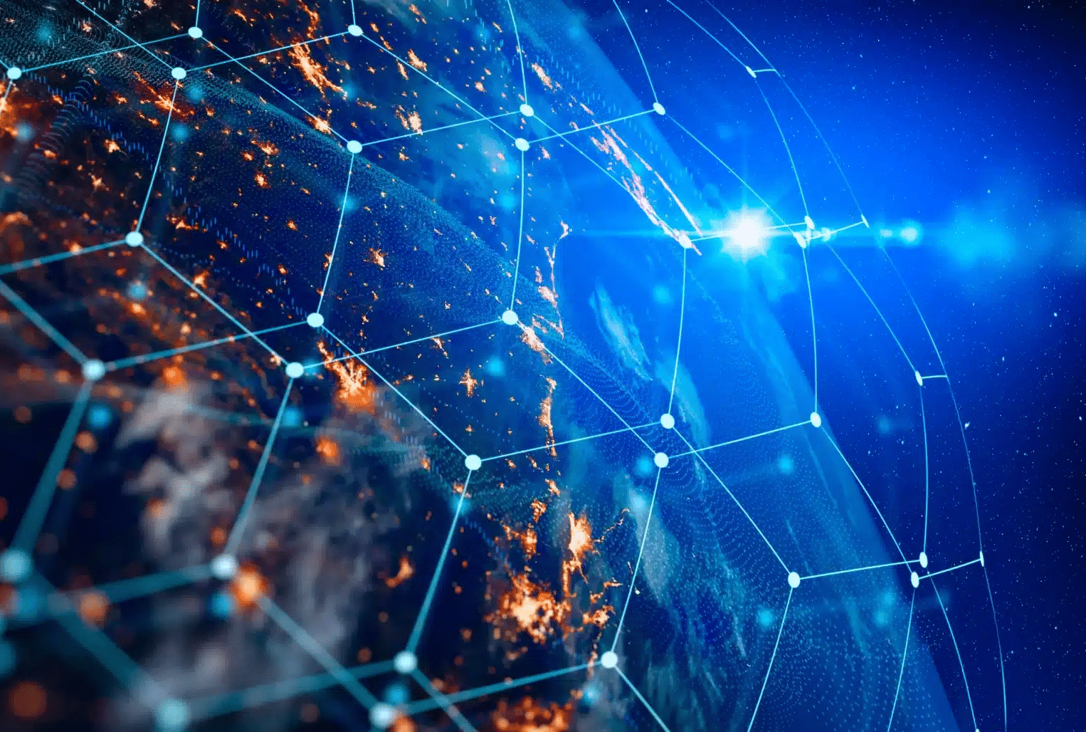 A view of Earth from space at night, with glowing city lights, overlaid by a blue digital network grid and nodes, symbolizing global connectivity and Airport Information Technology. A bright light shines in the background.