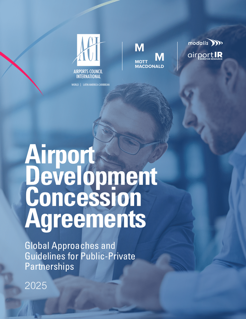 Two men in business attire review documents together. Overlaid text reads: Airport Development Concessions Agreements: Global Approaches and Guidelines for Public–Private Partnerships, 2025. Logos are at the top.