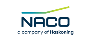 NACO logo with a blue and green line above the bold text "NACO," highlighting airport priorities and passenger expectations, and the phrase "a company of Haskoning" in smaller text below.