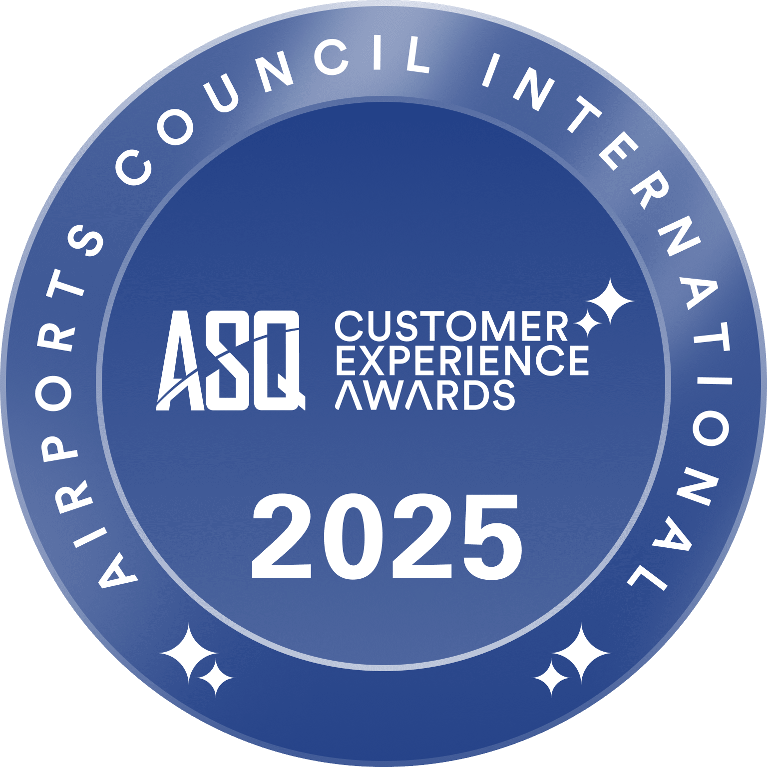 A blue circular badge with white text that reads AIRPORTS COUNCIL INTERNATIONAL around the edge and ASQ Customer Experience Awards 2025 in the center with star accents, celebrating ASQ recognition for outstanding service.