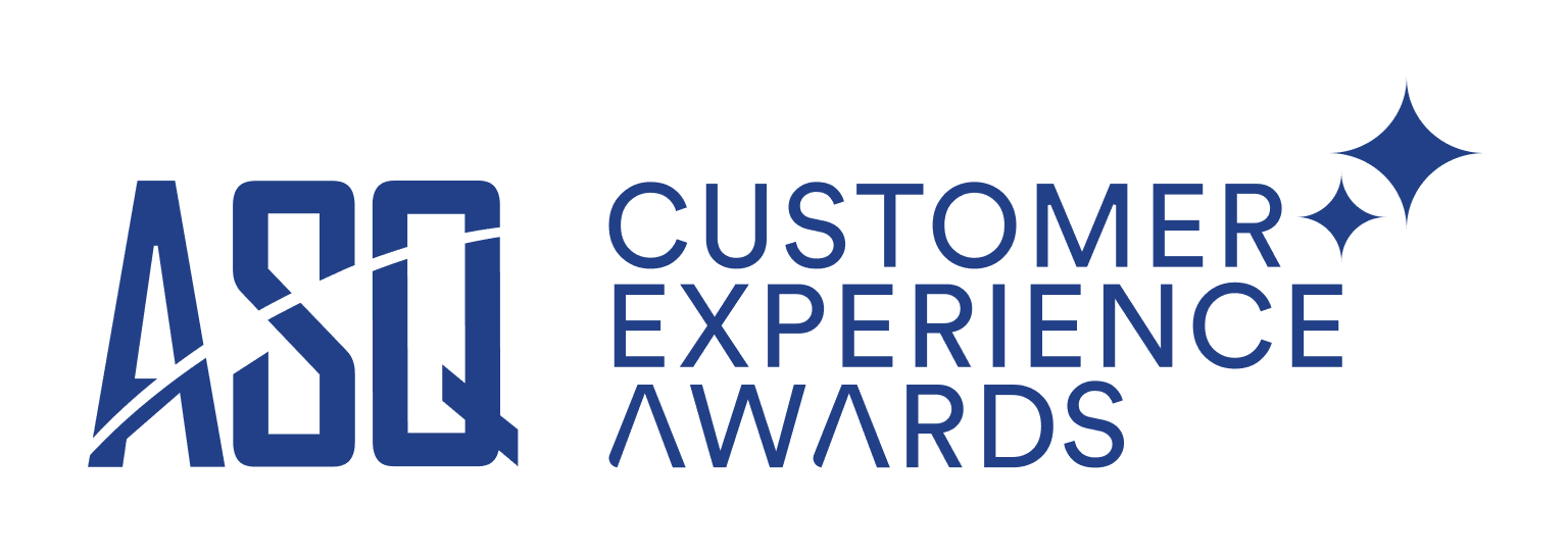 Logo for the ASQ Customer Experience Awards, featuring bold blue text and two blue star shapes on the right side against a light background, symbolizing ASQ recognition and excellence in ASQ awards.