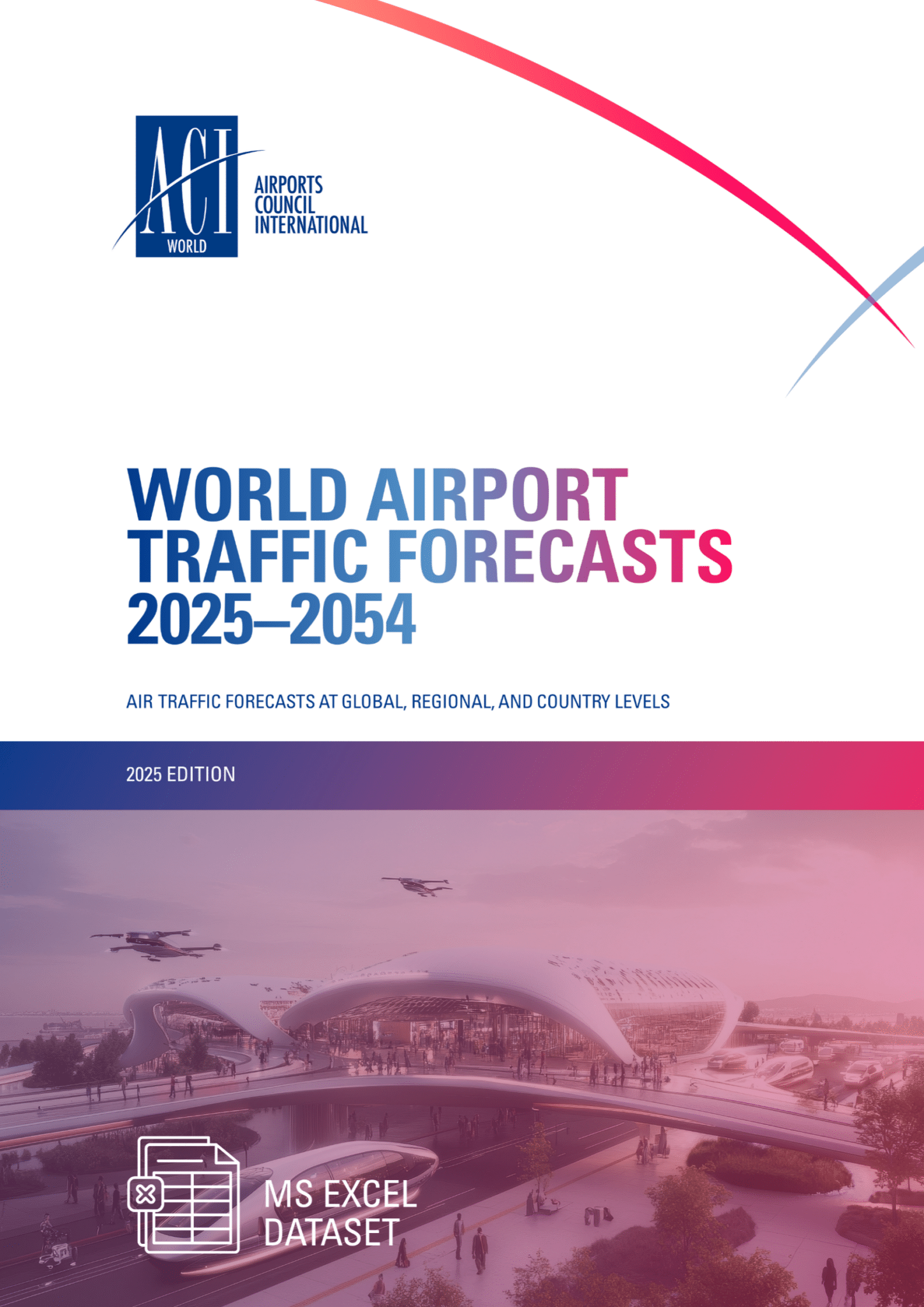 Cover of a report titled World Airport Traffic Forecasts 2025–2054 by Airports Council International. The lower section shows a futuristic airport with drones and flying vehicles, highlighting advanced airport economics products. An icon indicates an Excel dataset.