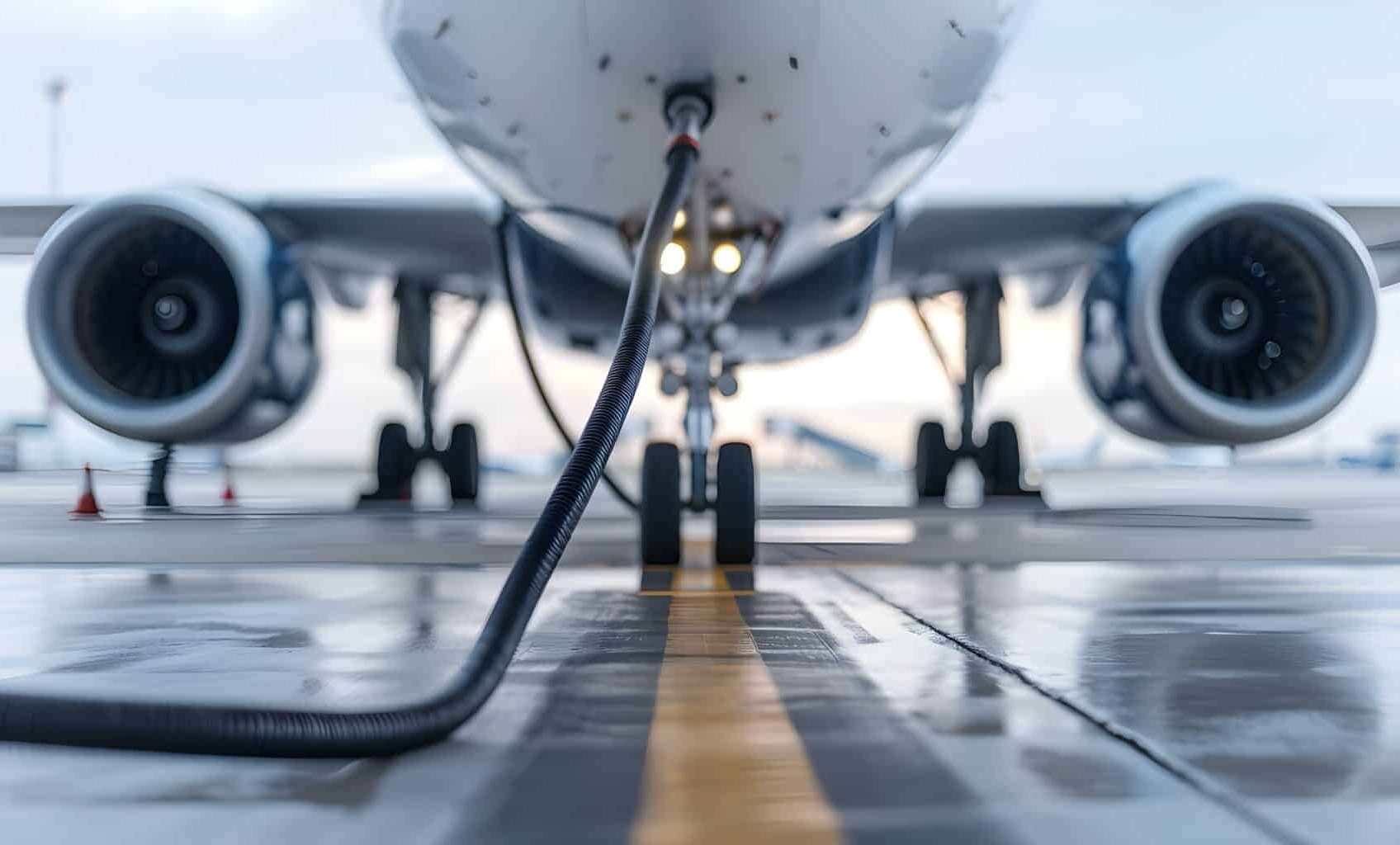 Close-up view of the front of an airplane on a wet runway, with a fuel hose connected beneath the aircraft and both engines visible on either side, highlighting airport safety procedures during refueling operations.