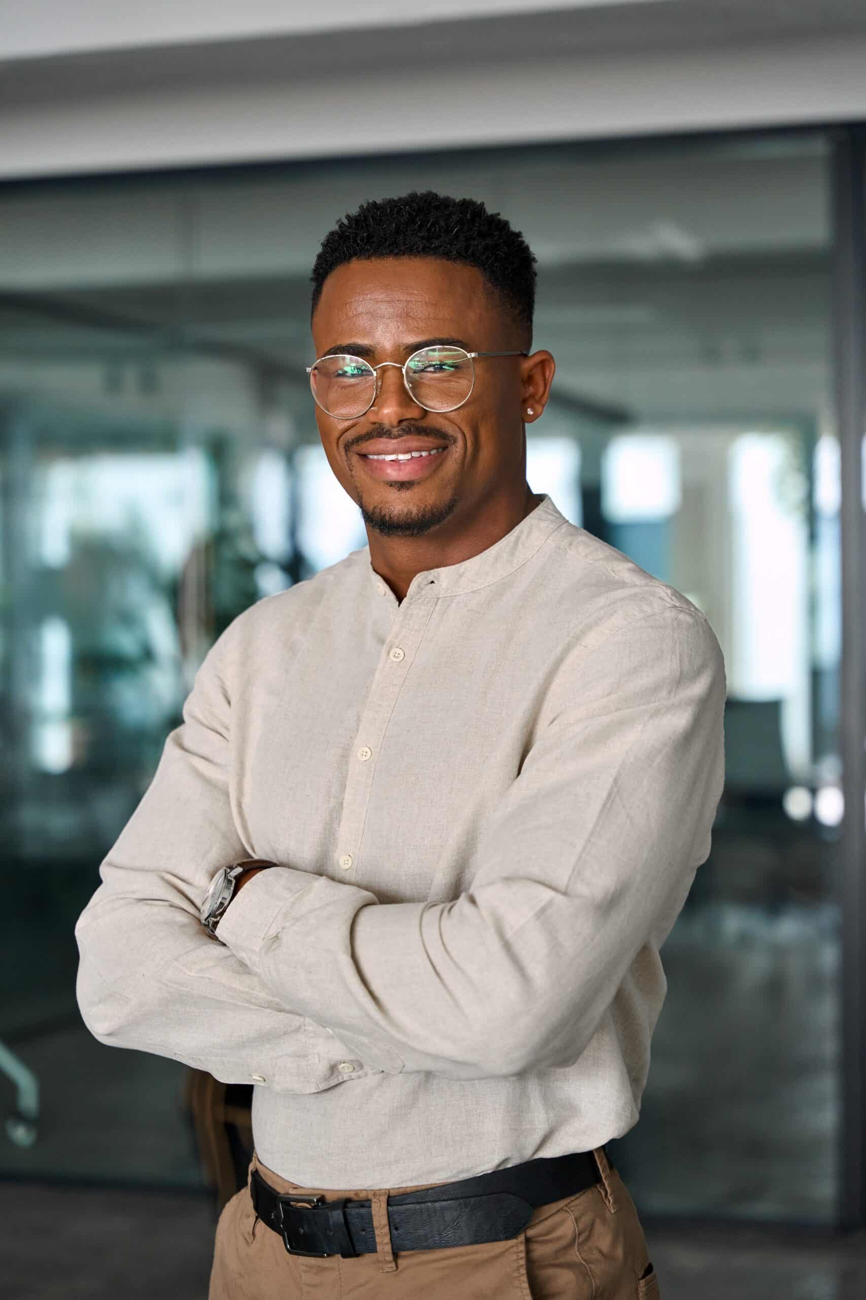 Happy,Young,African,American,Business,Man,Leader,Looking,At,Camera