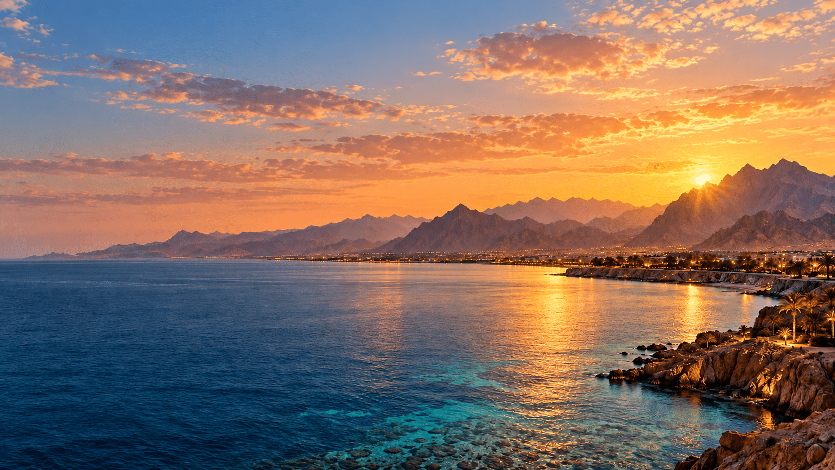 Sunset over a coastal city with mountains in the background, soft orange clouds, and calm blue sea—site of the ACI Africa Conference & Exhibition. Sunlight reflects on coral reefs near palm-lined shores.